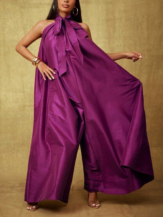 MODA ME COUTURE Pants - Purple Elegant Women's Taffeta Bow Tie Halter Neck Extra Wide Leg Jumpsuit